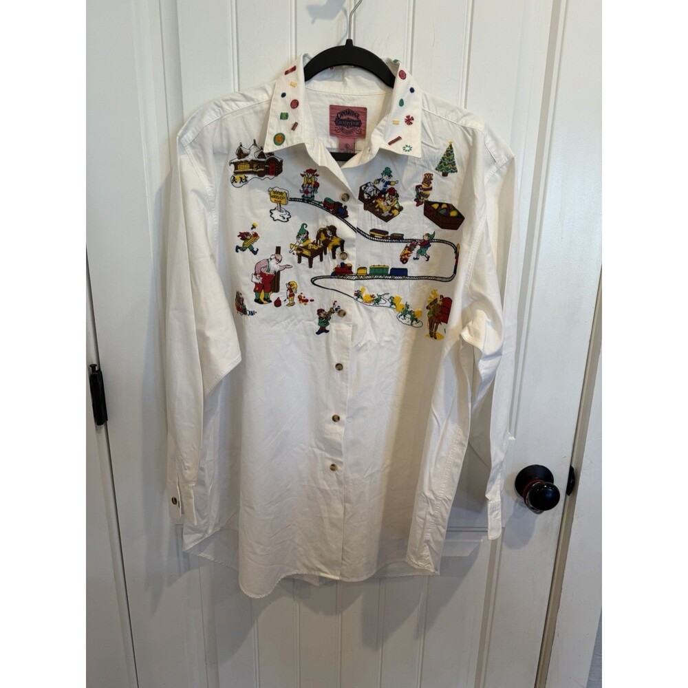 NWOT Cambridge Country Store Christmas Shirt XL Santa Elves Embroidered Vintage